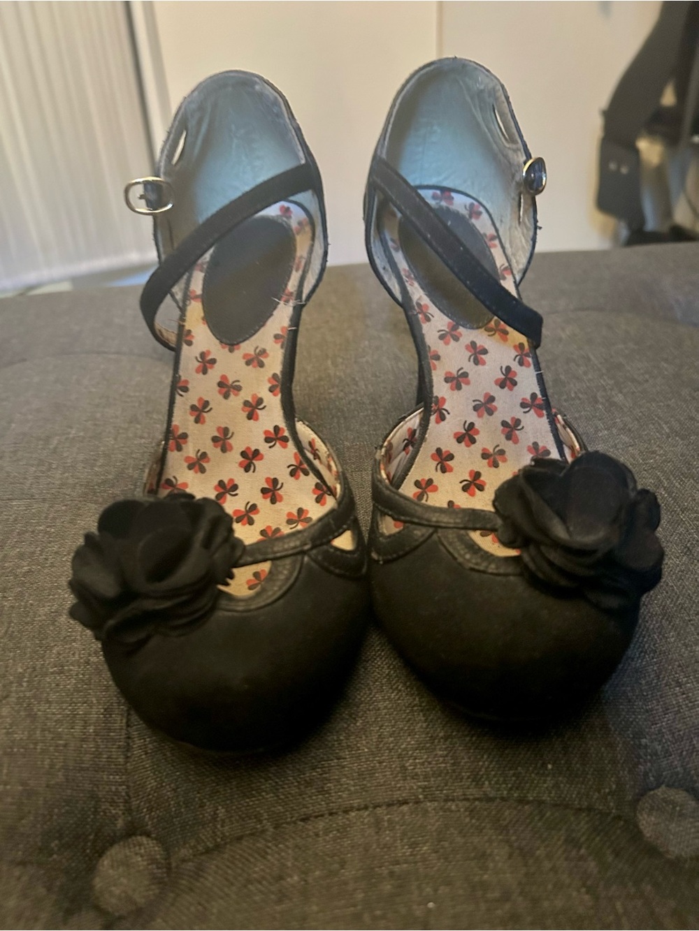 Ruby Shoe Black Floral-Appliqué  Heels with Ankle Strap and Cut Outs